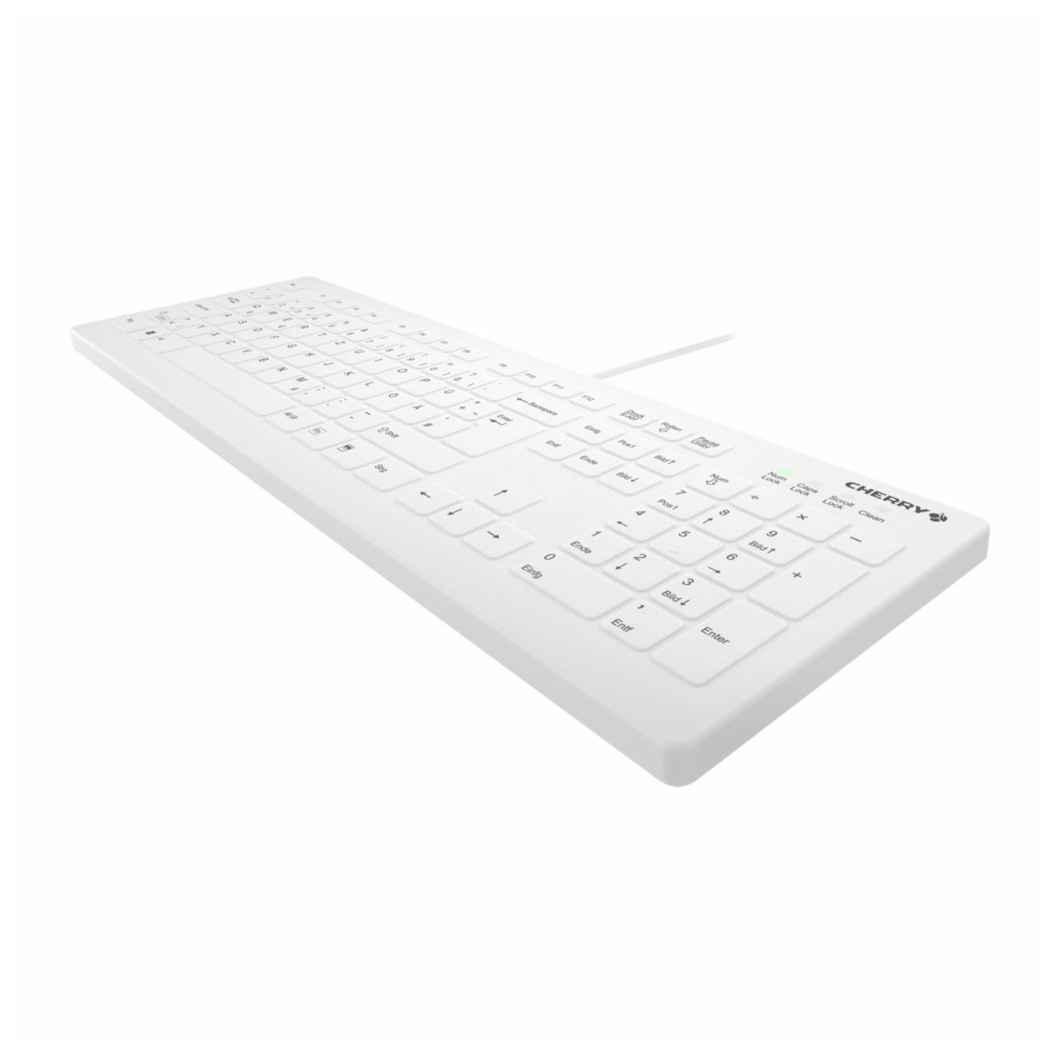 Eine weiße Tastatur mit Kabel, auf weißem Hintergrund.