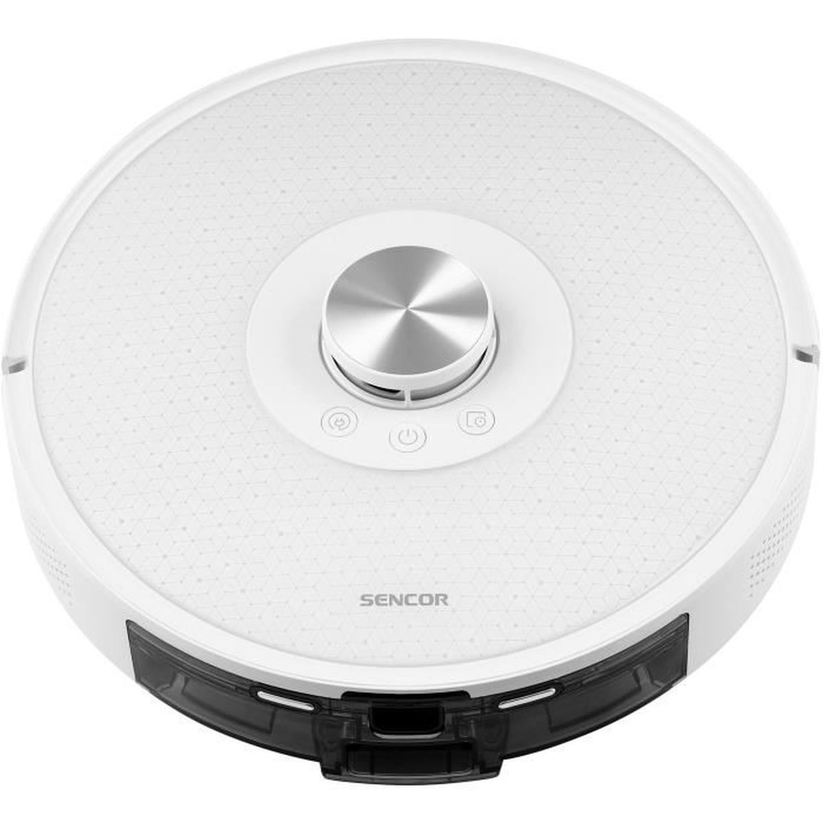 Un robot aspirador blanco con dial plateado y botones de control.
