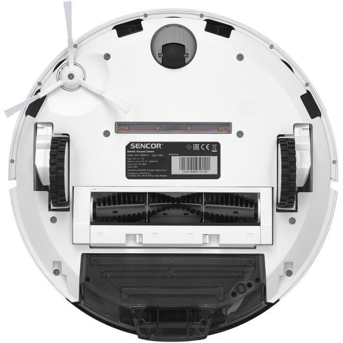 Parte inferior de un robot aspirador blanco con cepillos, ruedas y puerto de succión.
