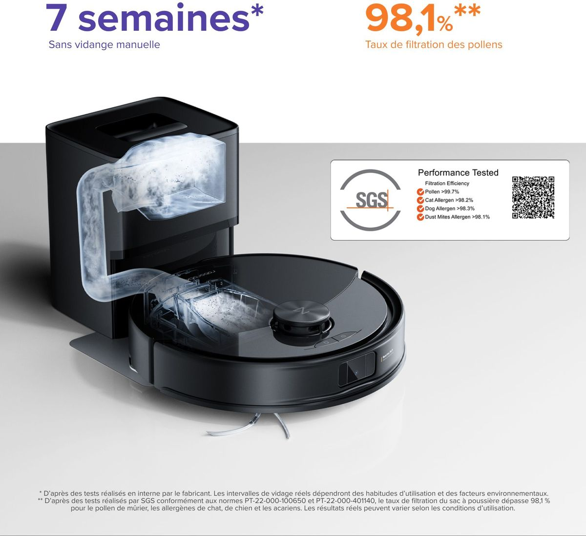 Czarny robot sprzątający ze stacją zbierania kurzu. Filtracja pyłków 98,1%.