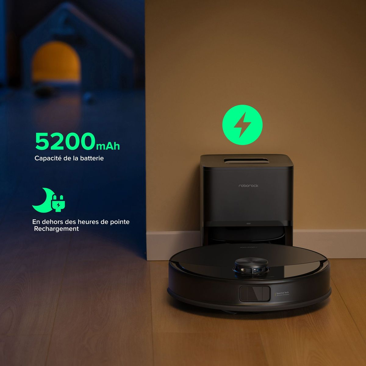 Czarny robot sprzątający ze stacją ładującą, pojemność baterii 5200mAh.