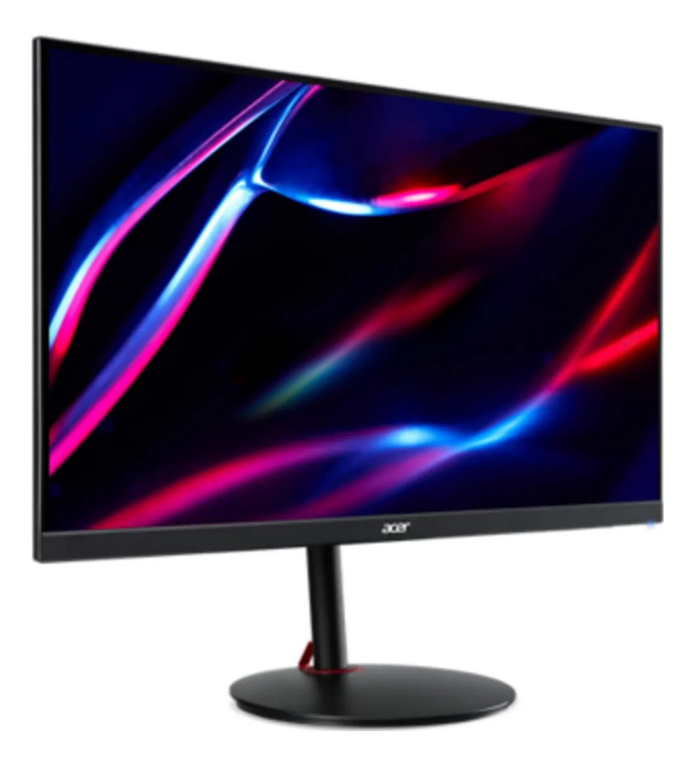 Czarny monitor Acer wyświetla abstrakcyjne niebiesko-różowe smugi światła na ciemnym tle.