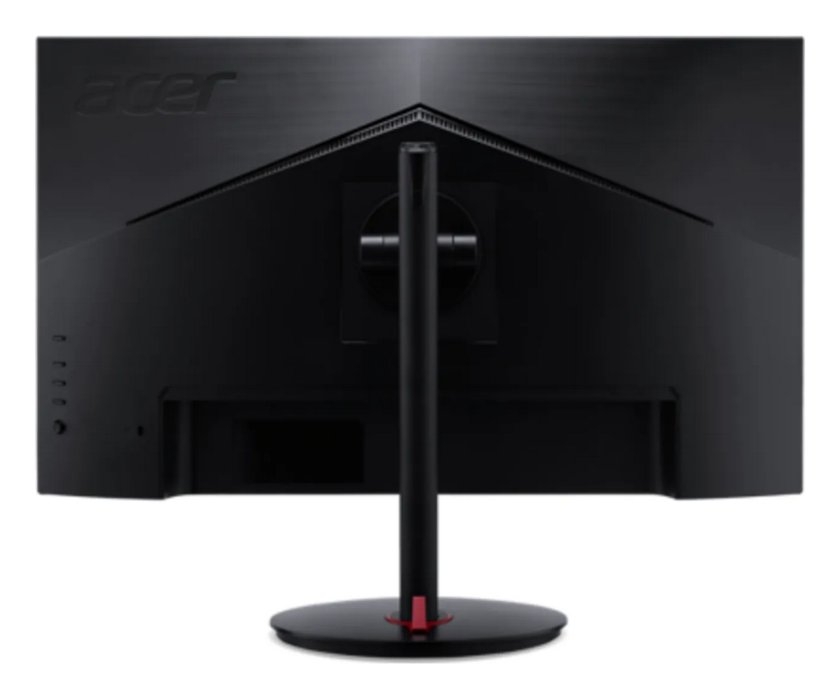 Tył czarnego monitora Acer ze stojakiem i czerwonym akcentem.