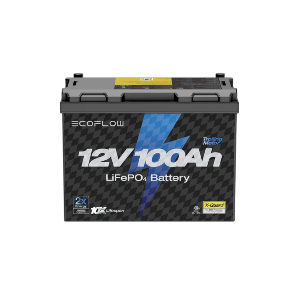 Bir Ecoflow 12V 100Ah LiFePO4 pil, şimşek tasarımlı.