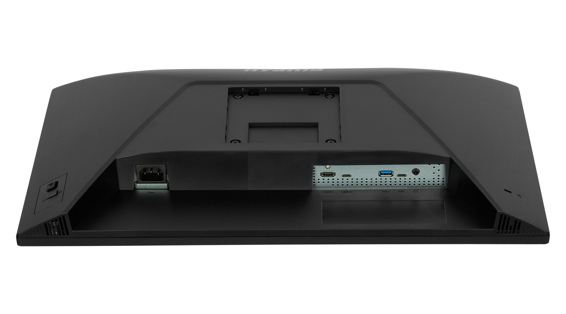 Rückseite eines schwarzen Monitors mit Anschlüssen: Strom, HDMI, USB-C und USB-A.