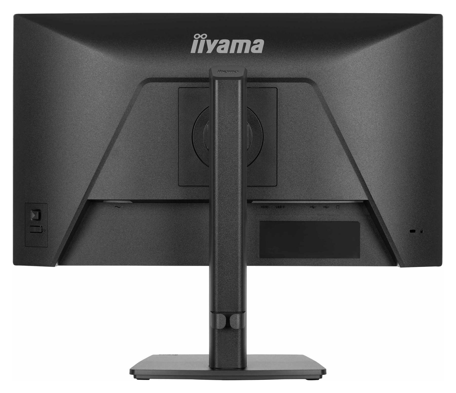 Tył czarnego monitora iiyama z portami i podstawą.