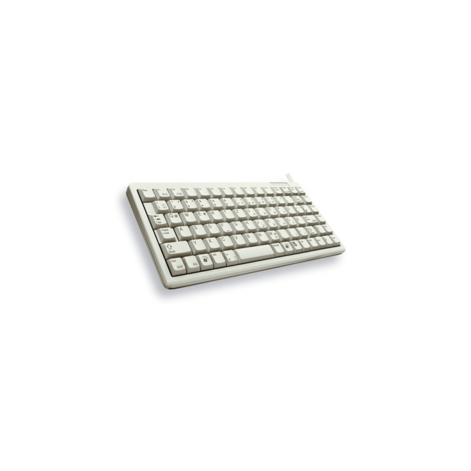 Una tastiera compatta QWERTZ beige chiaro su sfondo bianco.