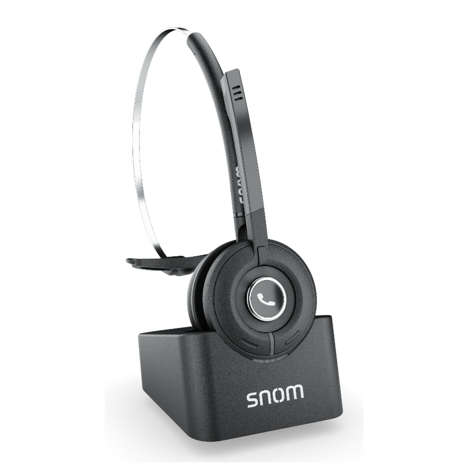 Czarny zestaw słuchawkowy Snom z mikrofonem na stacji ładującej.