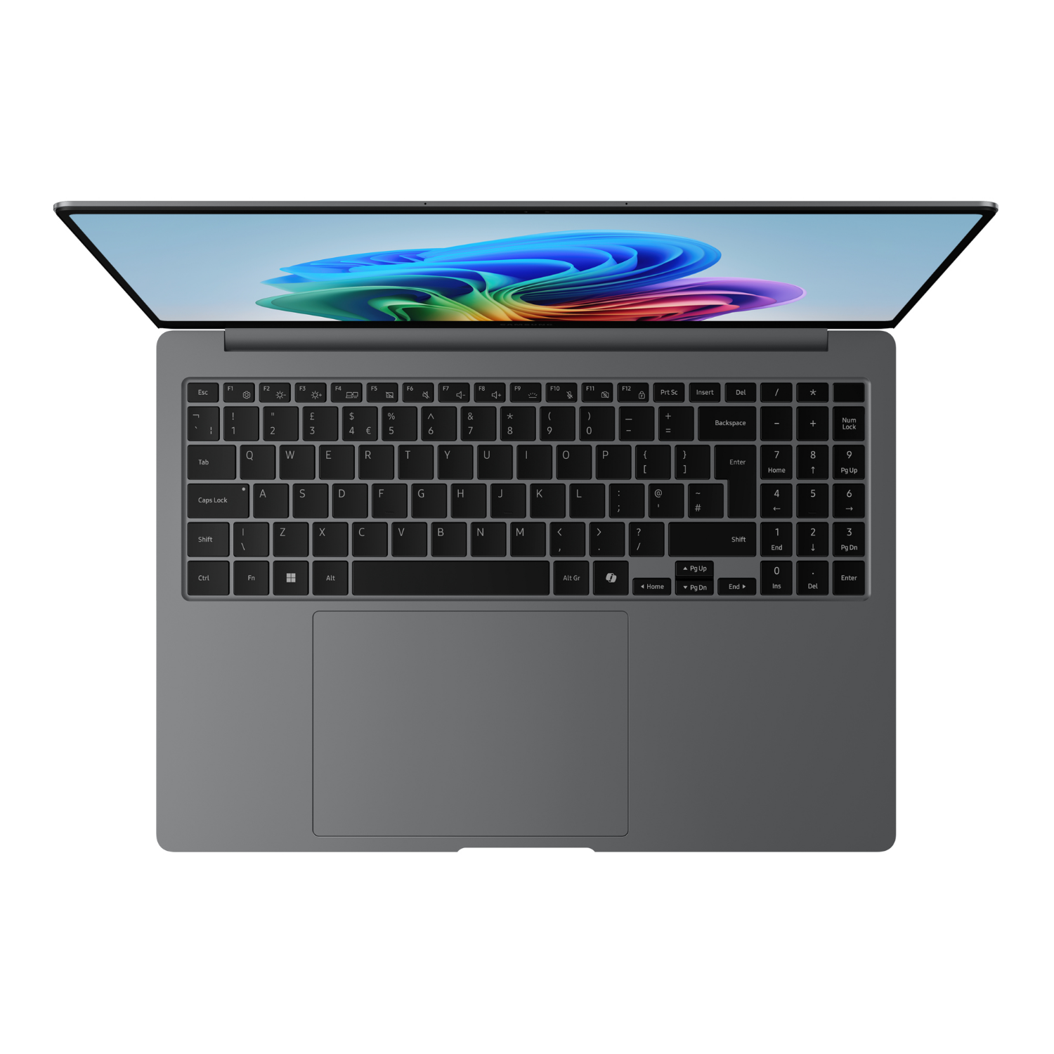 Szary laptop z otwartym ekranem, wyświetlający kolorowy obraz.