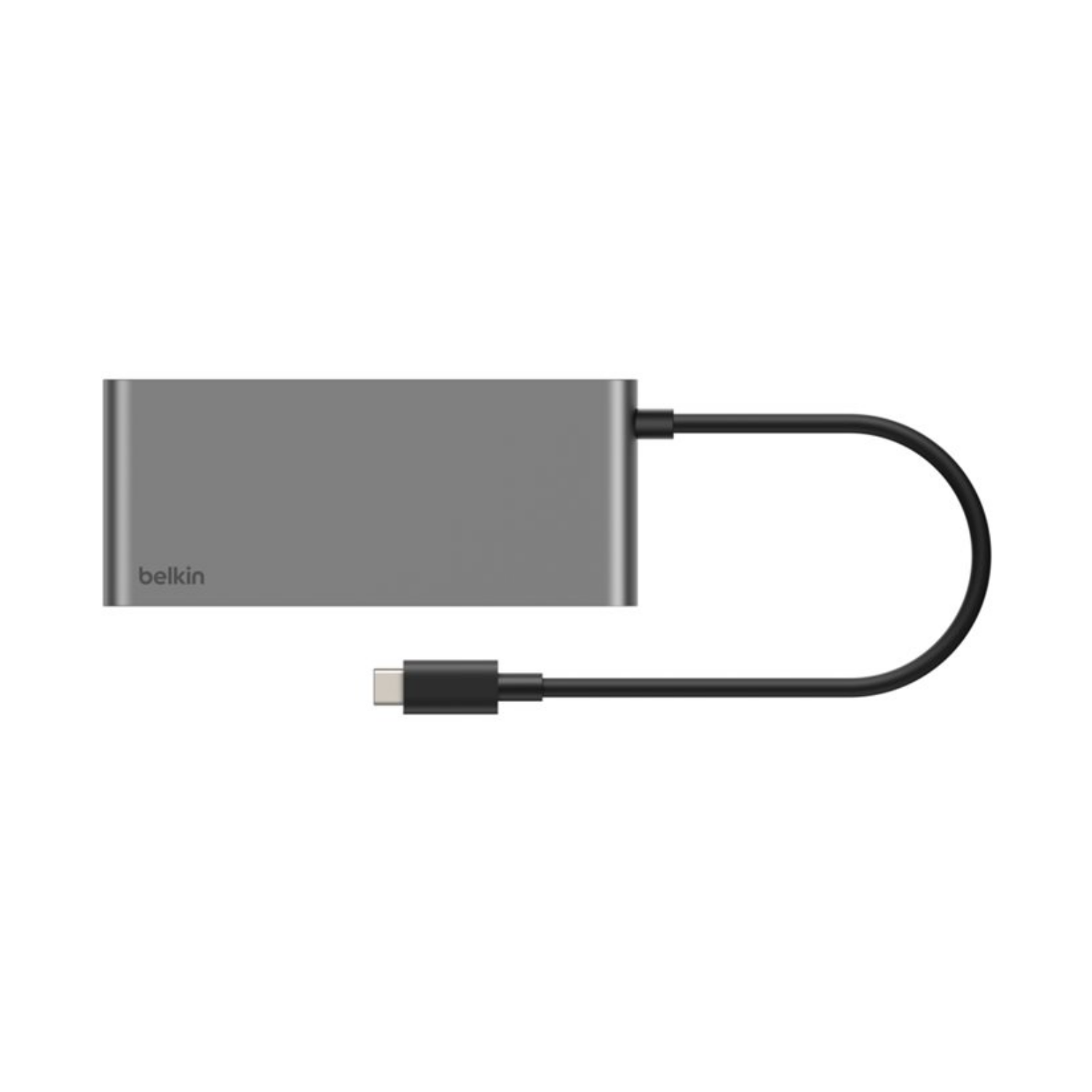 Un hub Belkin grigio con cavo e connettore USB-C.