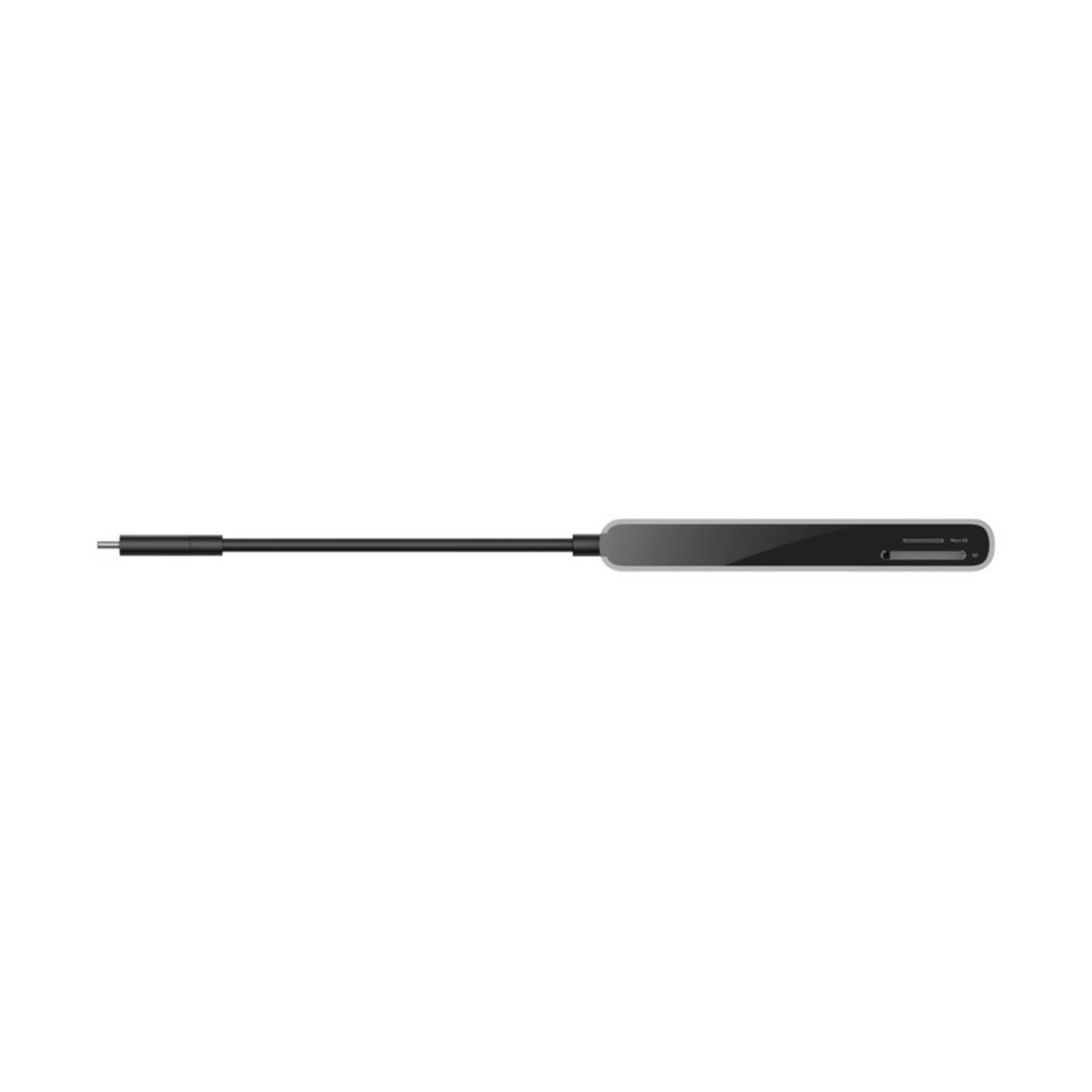 Un cavo nero con adattatore grigio e slot MicroSD.