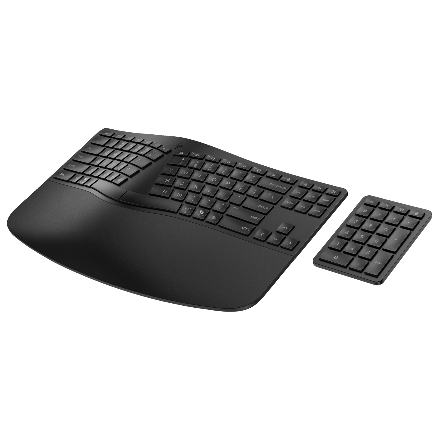 Teclado ergonómico negro y teclado numérico sobre fondo blanco.