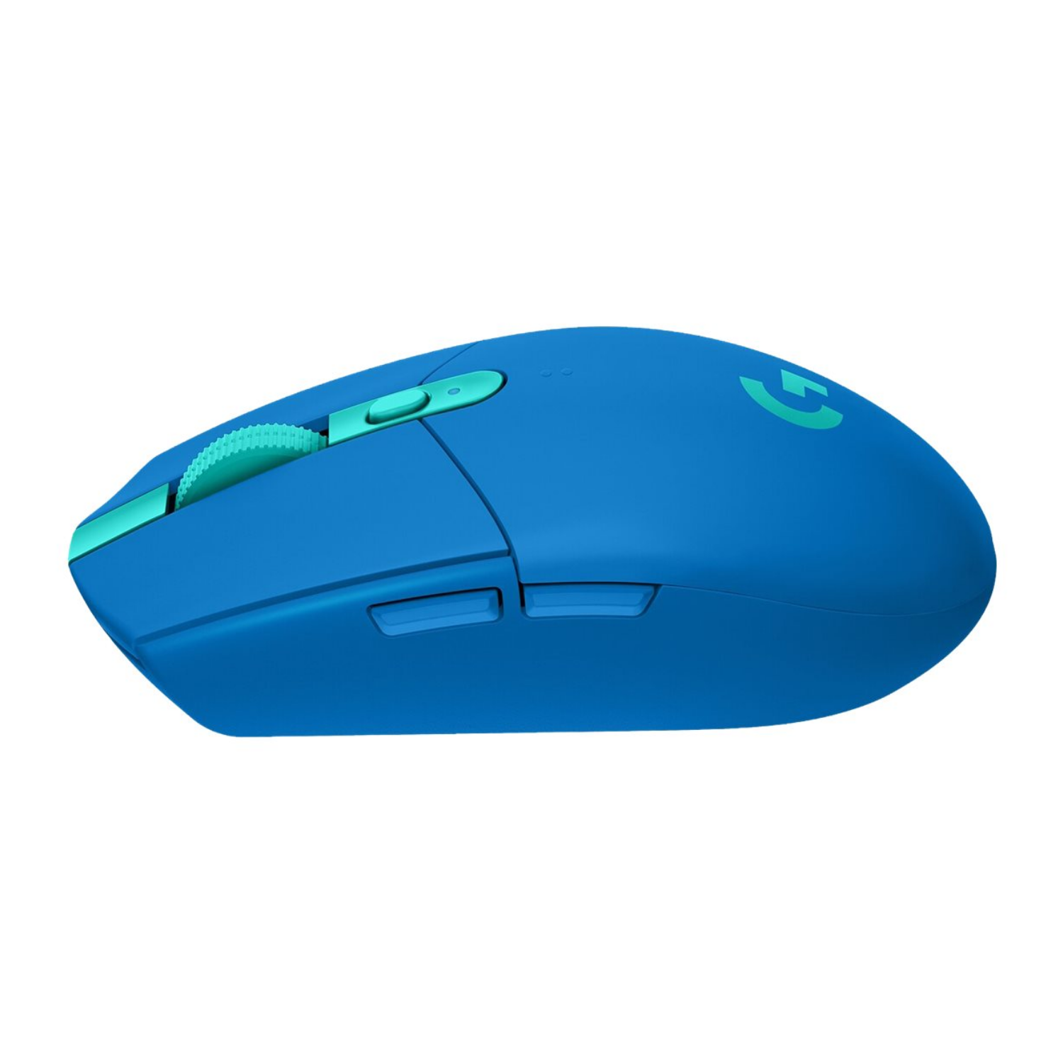 Niebieska mysz komputerowa z zielonym kółkiem i logo, na białym tle.