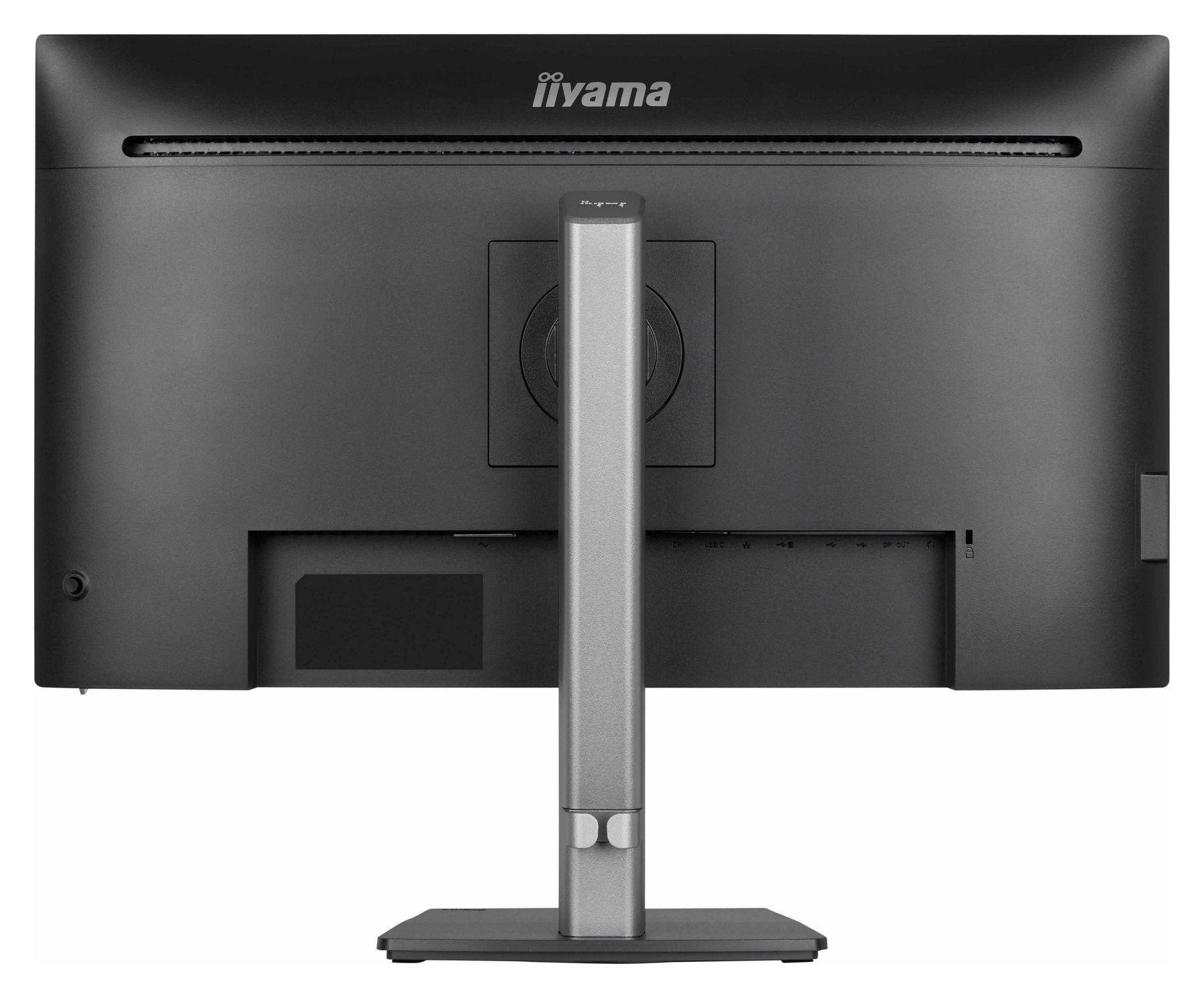 Rückseite eines schwarzen Monitors mit silbernem Standfuß und Anschlüssen.