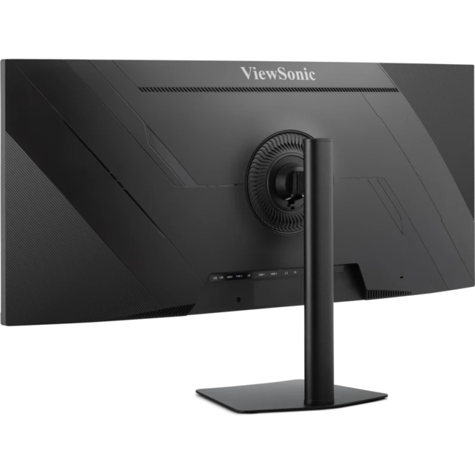 Tył czarnego monitora ViewSonic ze stojakiem i portami.