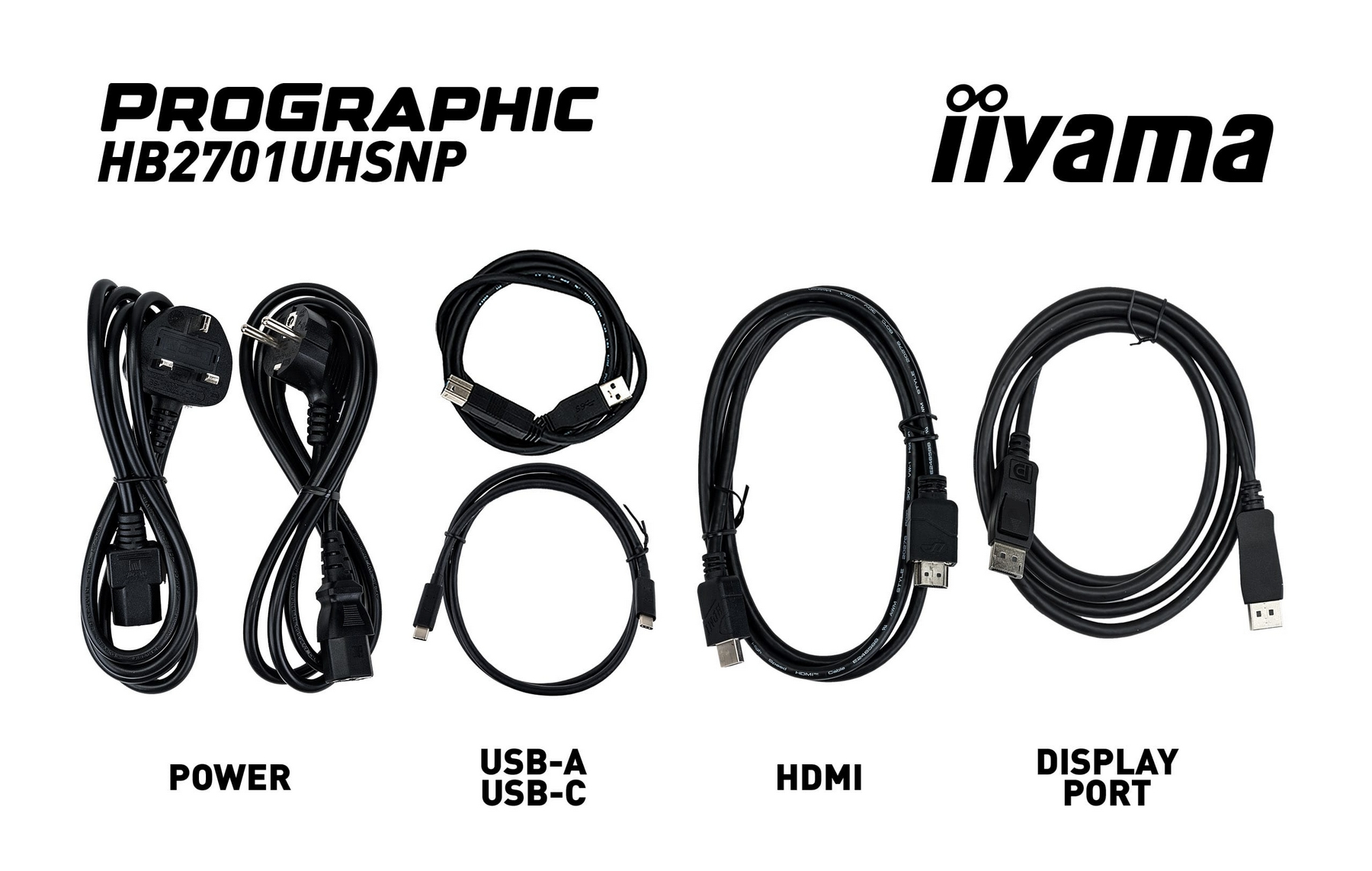 Cinque cavi neri: Alimentazione, USB-A/USB-C, HDMI e DisplayPort.