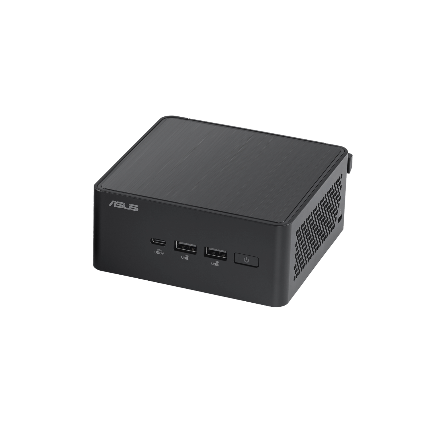 Czarny mini PC z logo ASUS, portami USB i przyciskiem zasilania.
