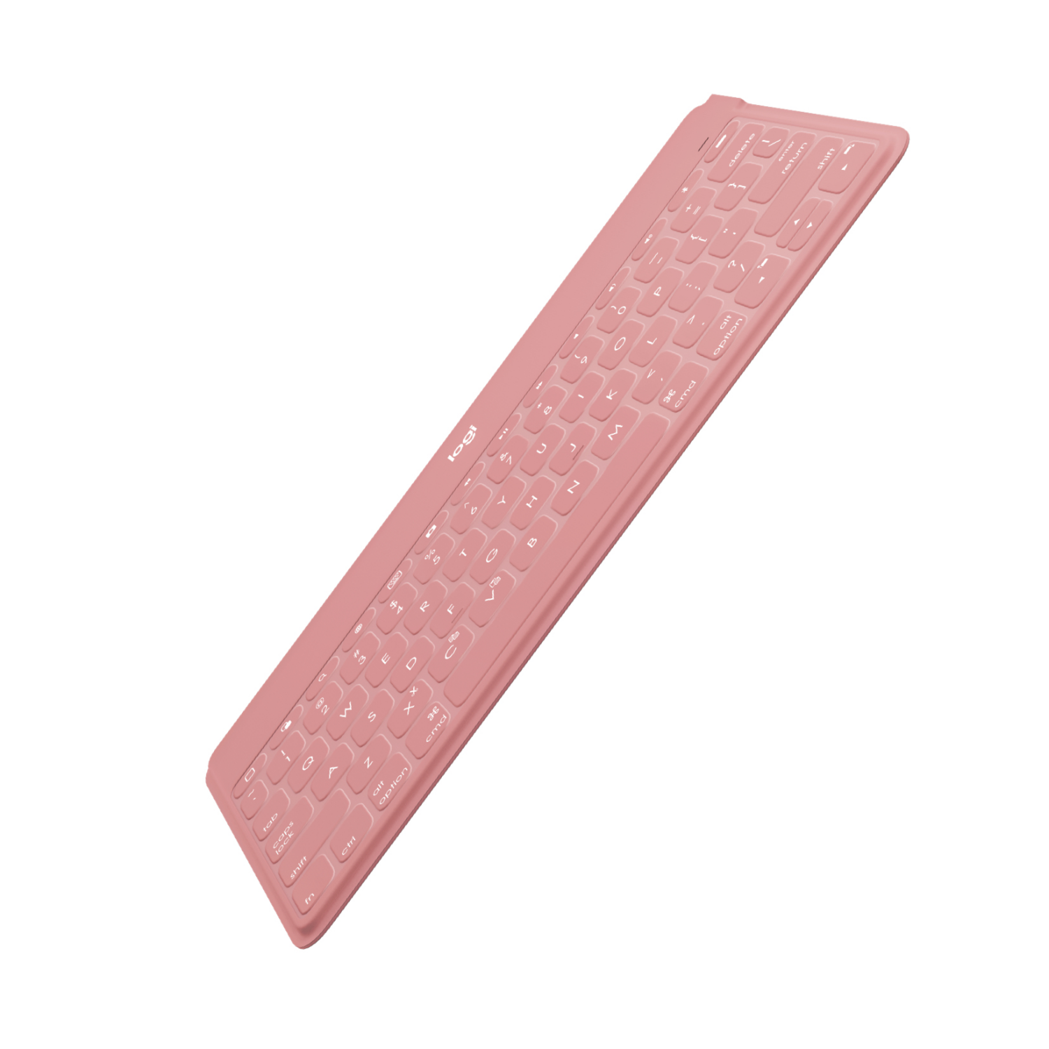 Różowa klawiatura z białymi klawiszami na białym tle.