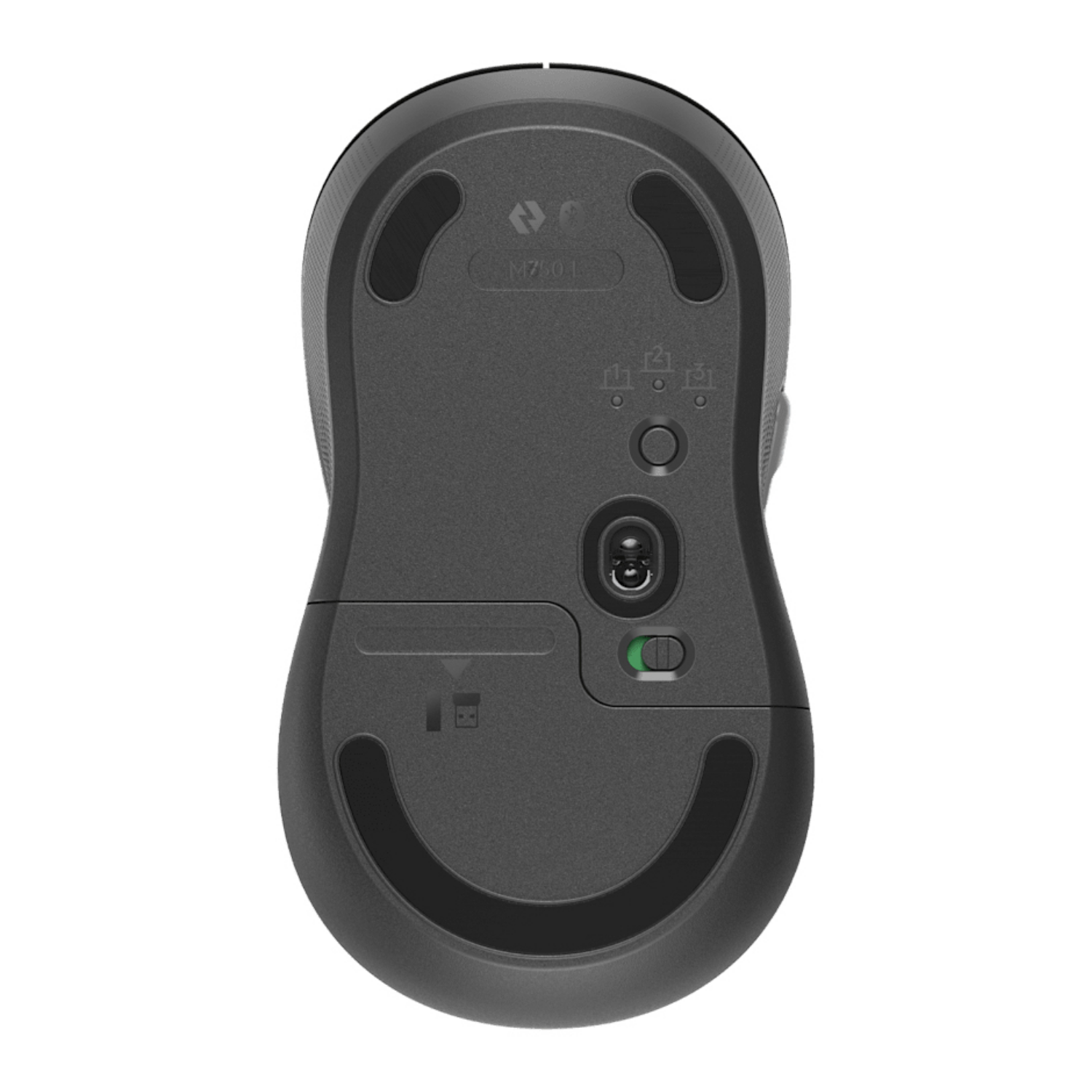 Spód czarnej myszy komputerowej z sensorem optycznym i włącznikiem.