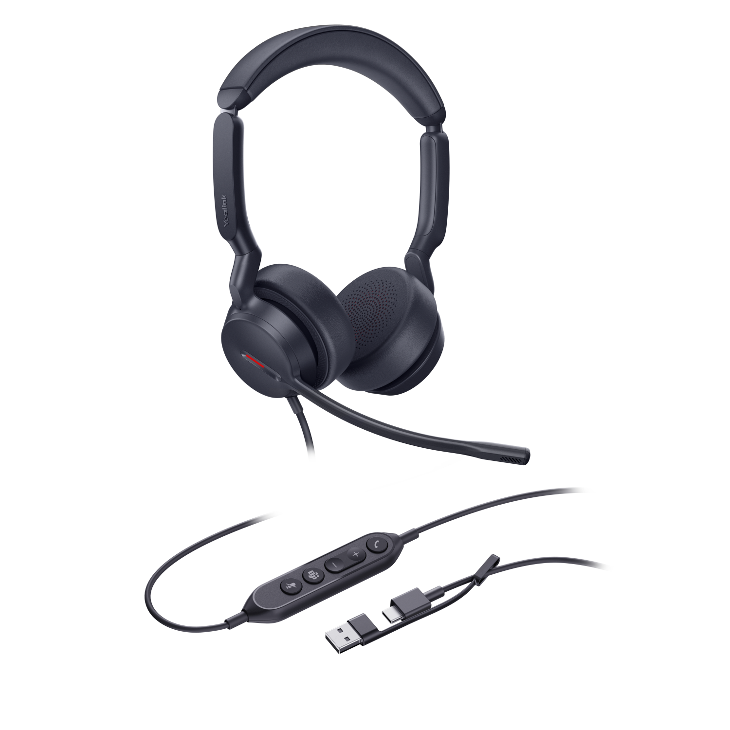 Un casque noir avec microphone, câble et connecteur USB-C sur fond blanc.