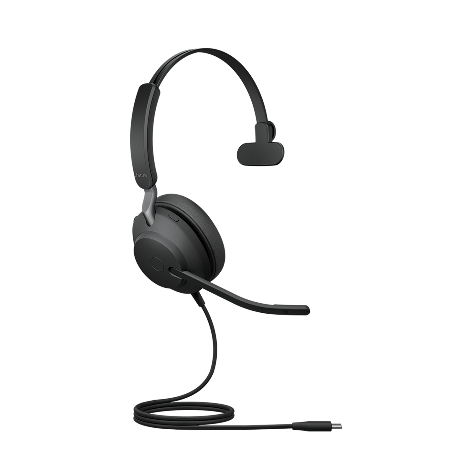 Cuffie Jabra nere con microfono e cavo su sfondo bianco.