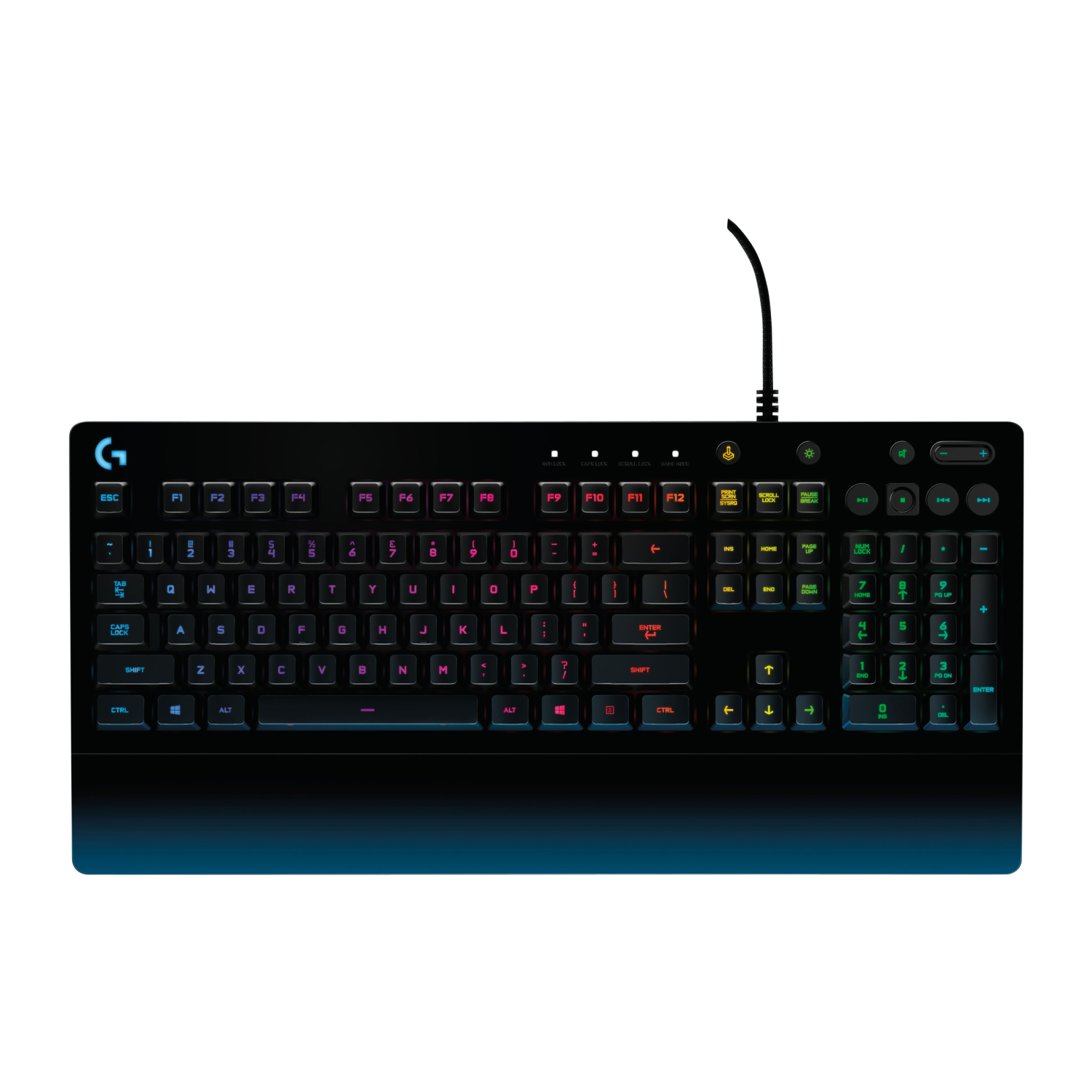 Czarna klawiatura Logitech z podświetleniem RGB i kablem.