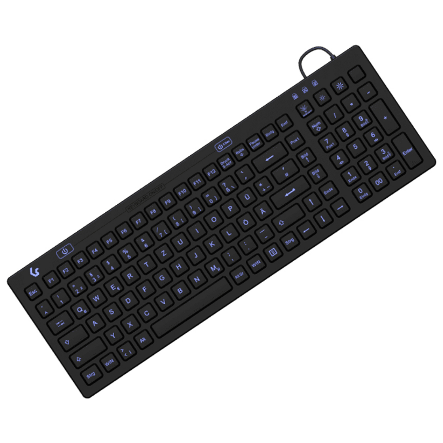 Un teclado negro y plano con retroiluminación azul, sobre fondo blanco.