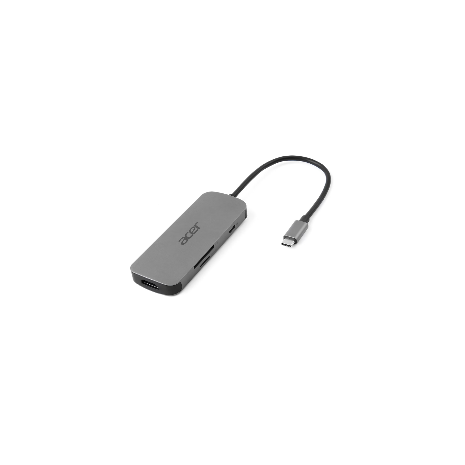 Hub USB-C gris Acer con cable y conector.