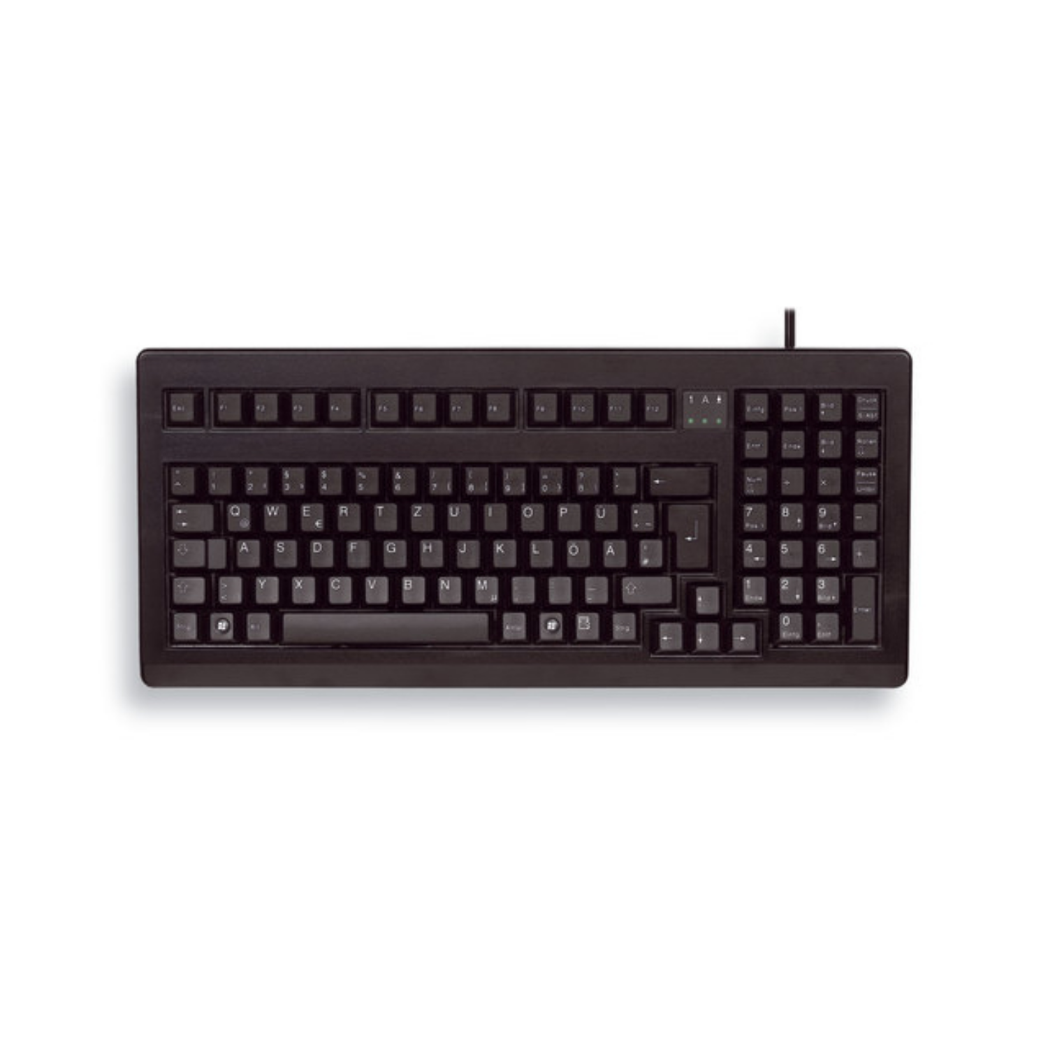 Tastiera nera layout QWERTZ con tastierino numerico, su sfondo bianco.