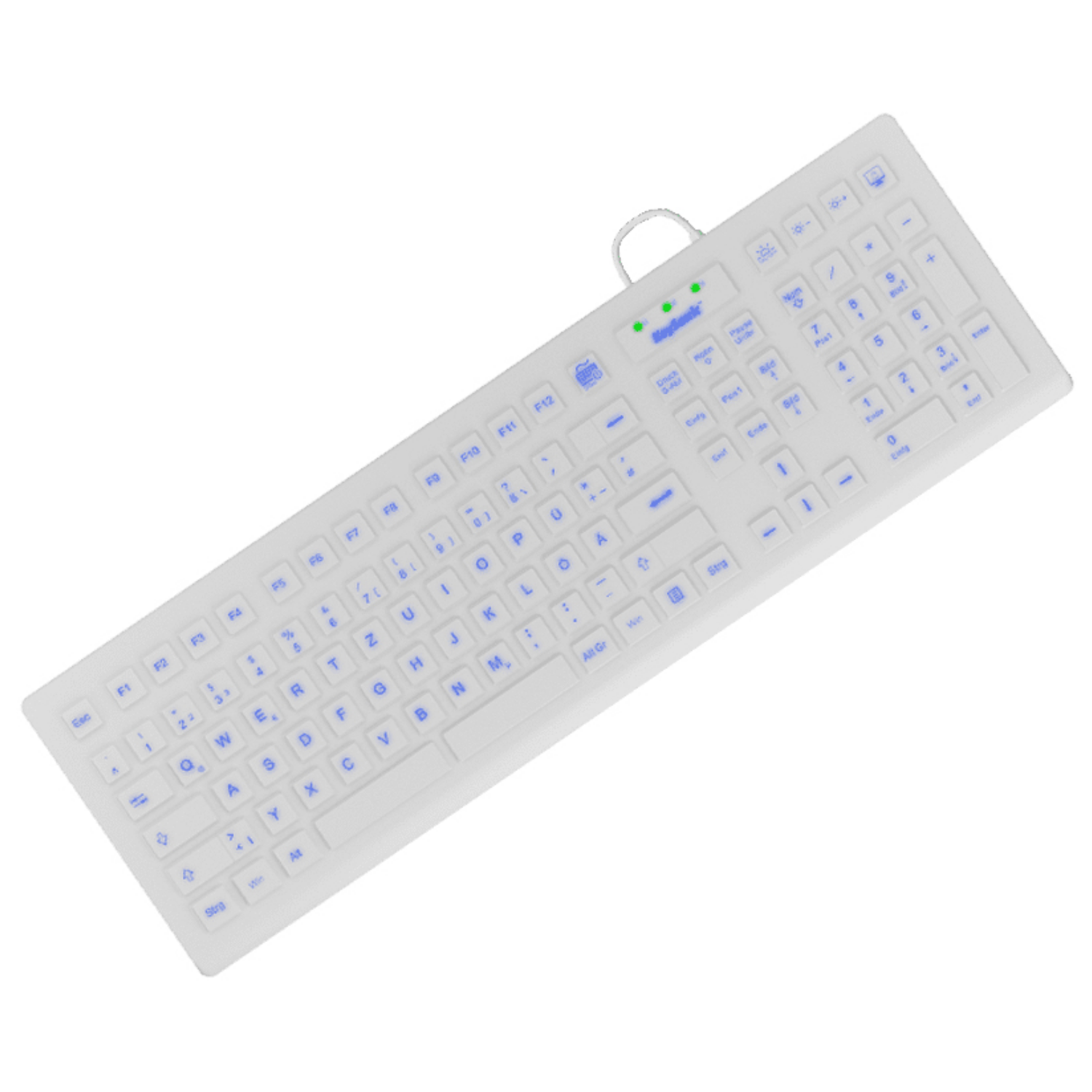 Una tastiera bianca con etichette blu sui tasti e tre indicatori LED verdi.