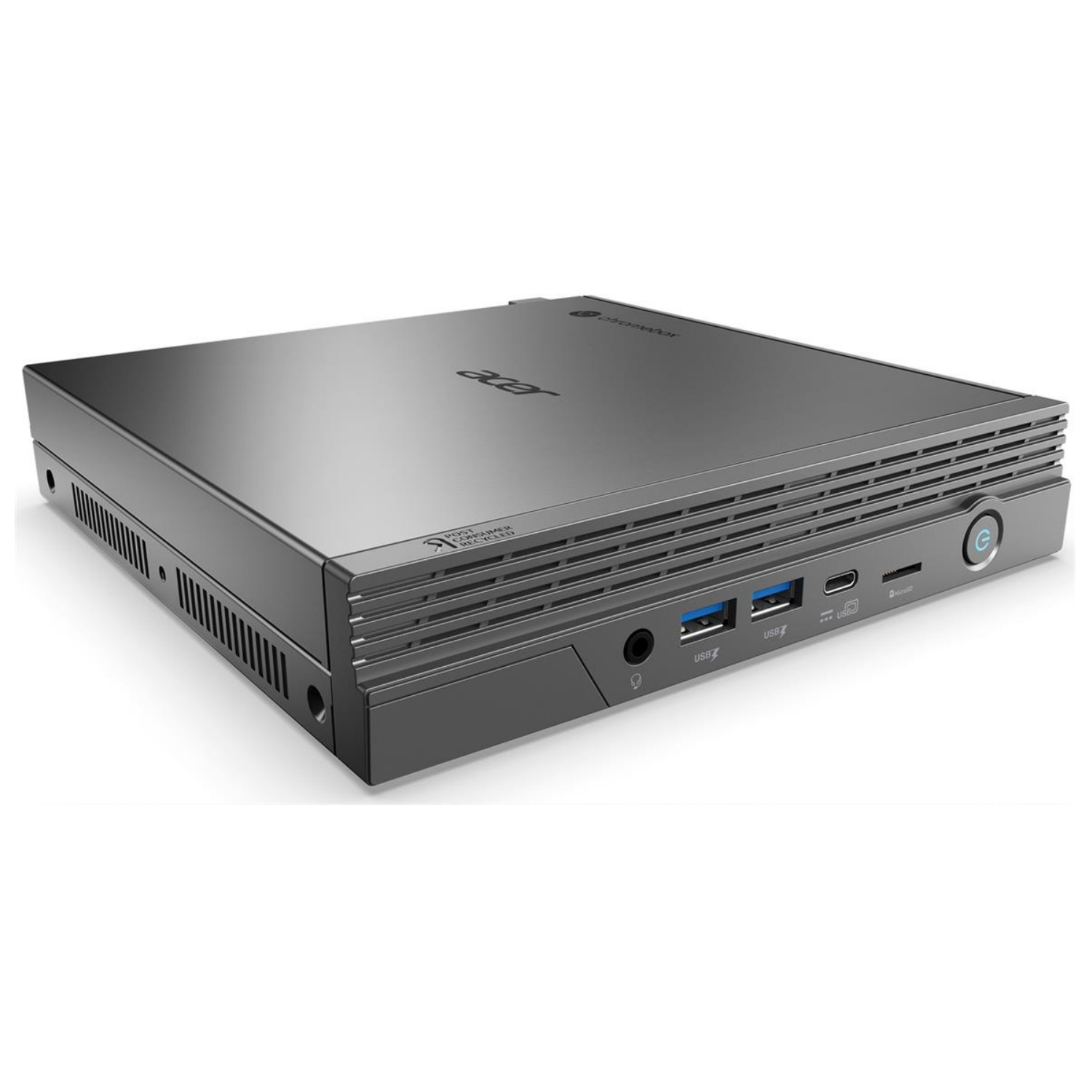 Un computer grigio compatto con porte e fessure di ventilazione.
