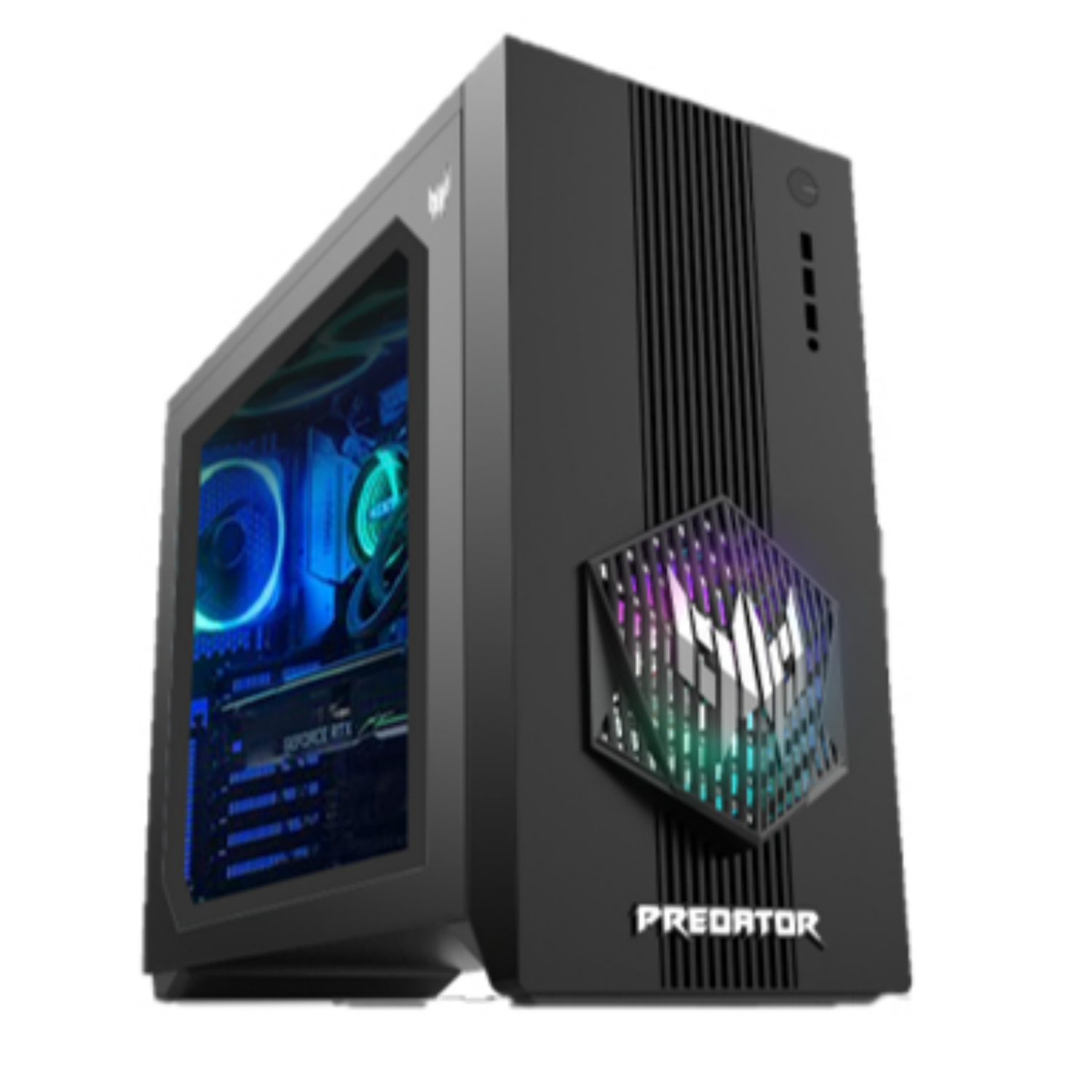 Czarny komputer gamingowy z podświetlanym logo i przezroczystym oknem.