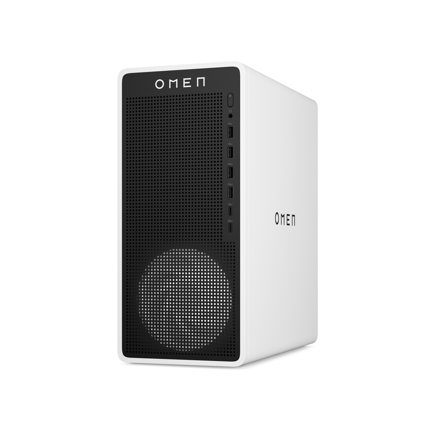 Biały komputer gamingowy OMEN z czarnym panelem przednim i portami USB.