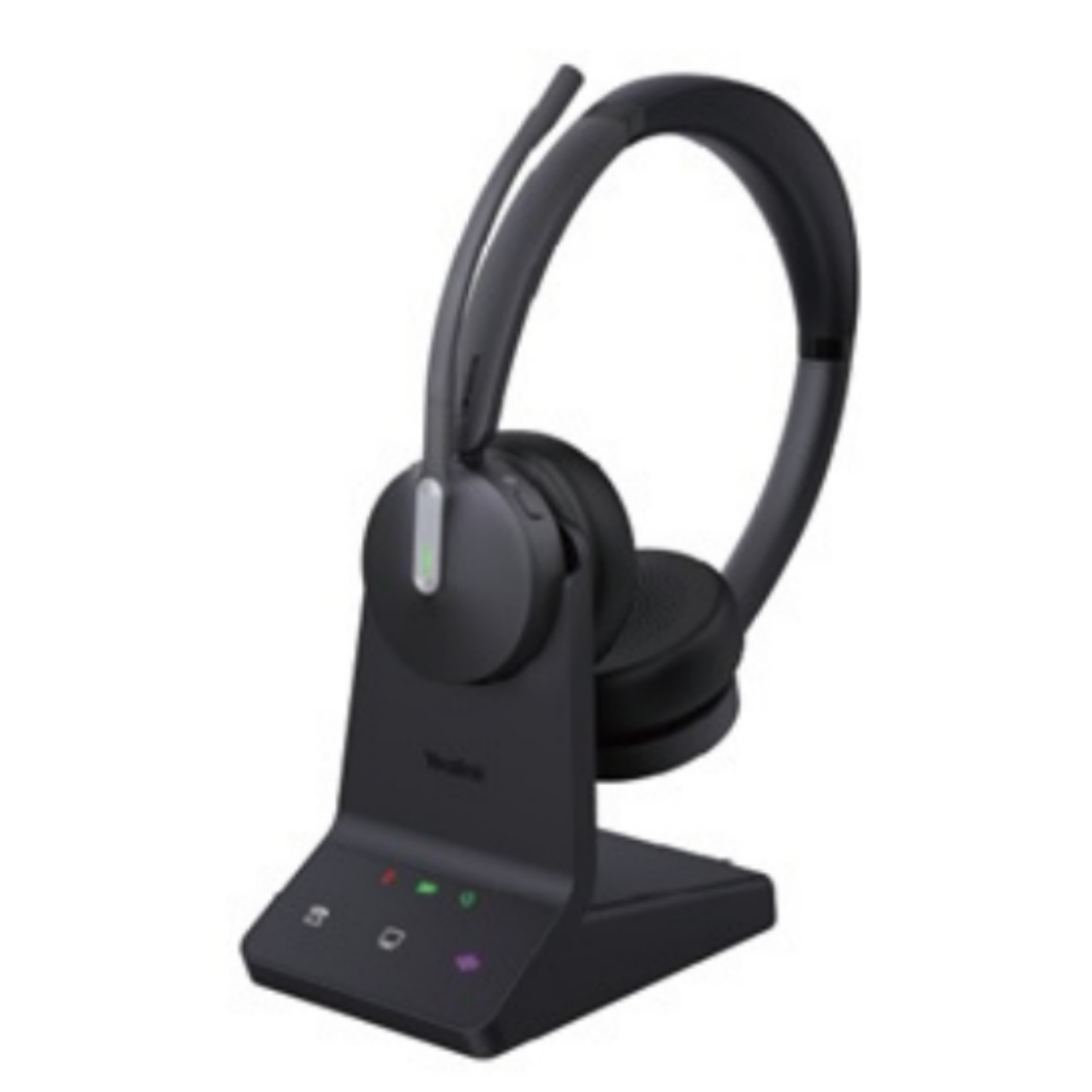 Ein schwarzes Headset mit Mikrofon auf einer Ladestation mit Lichtern.