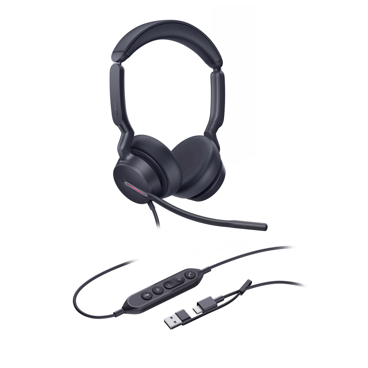 Casque noir avec microphone et télécommande en ligne avec connecteur USB-C.