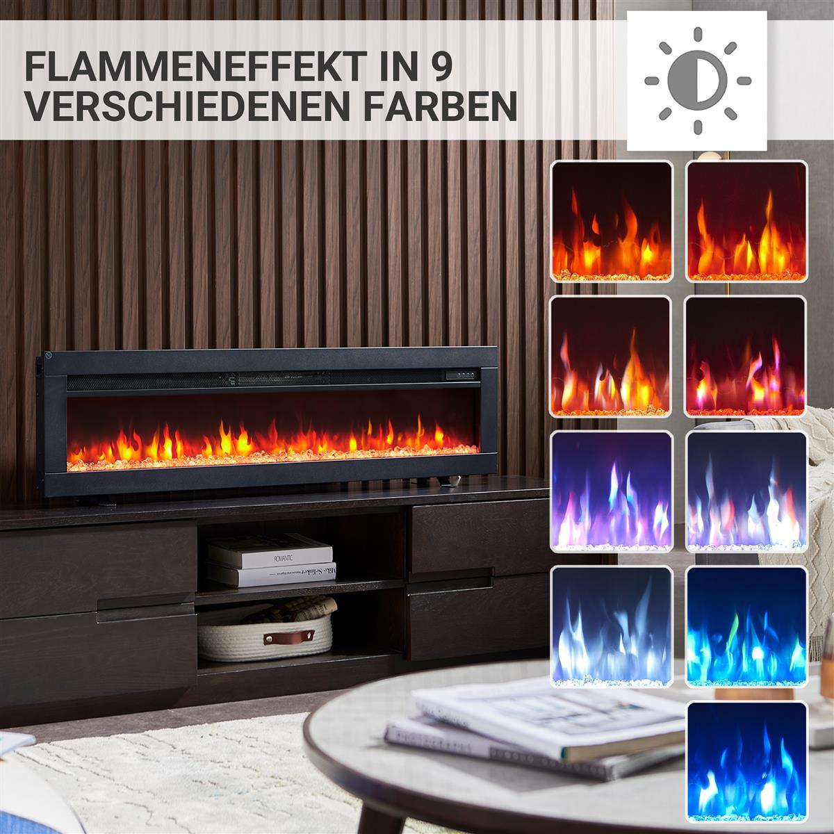 Moderner Elektrokamin mit Flammen in 9 Farben, auf einem dunklen TV-Möbel.