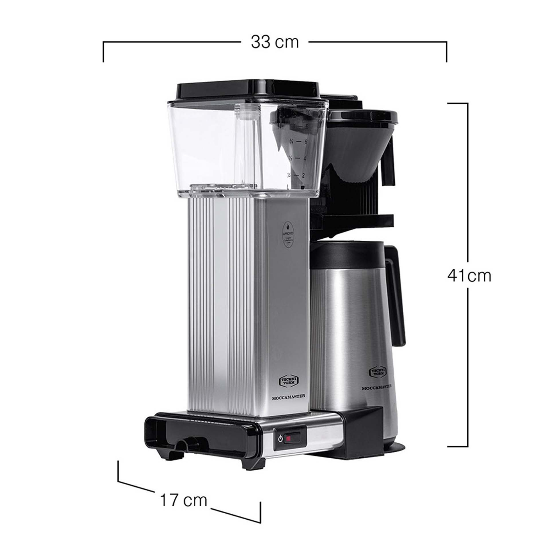 Machine à café argentée avec réservoir d'eau noir et carafe isotherme.
