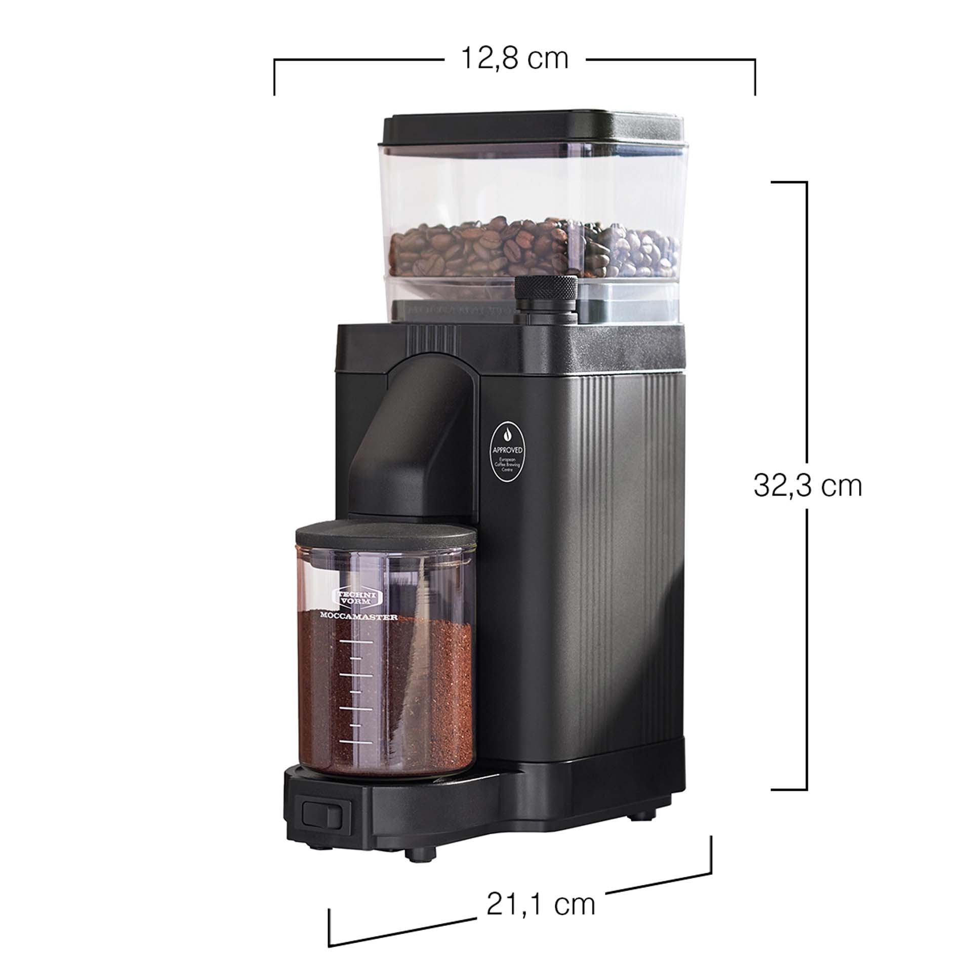 Schwarzer Kaffeemühlen-Standmixer mit Bohnenbehälter oben und gemahlenem Kaffee unten.
