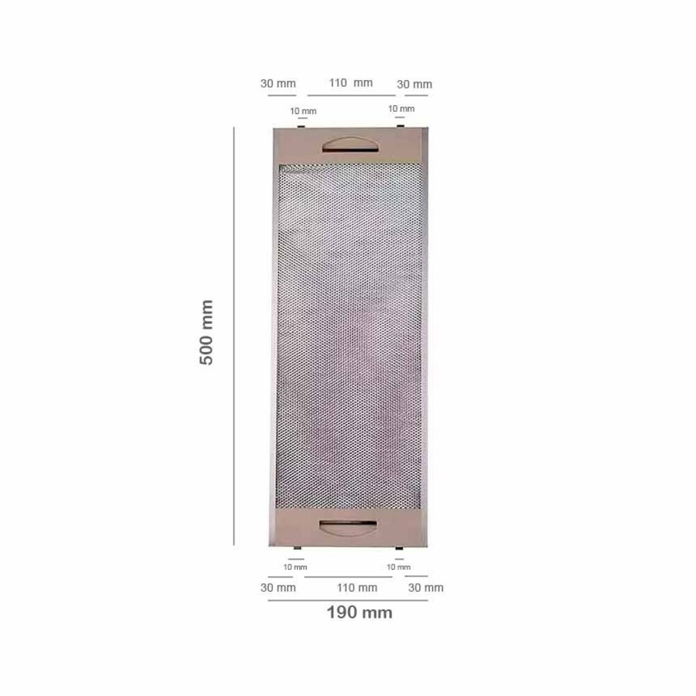 Un filtro metálico rectangular de 500x190 mm con medidas detalladas.