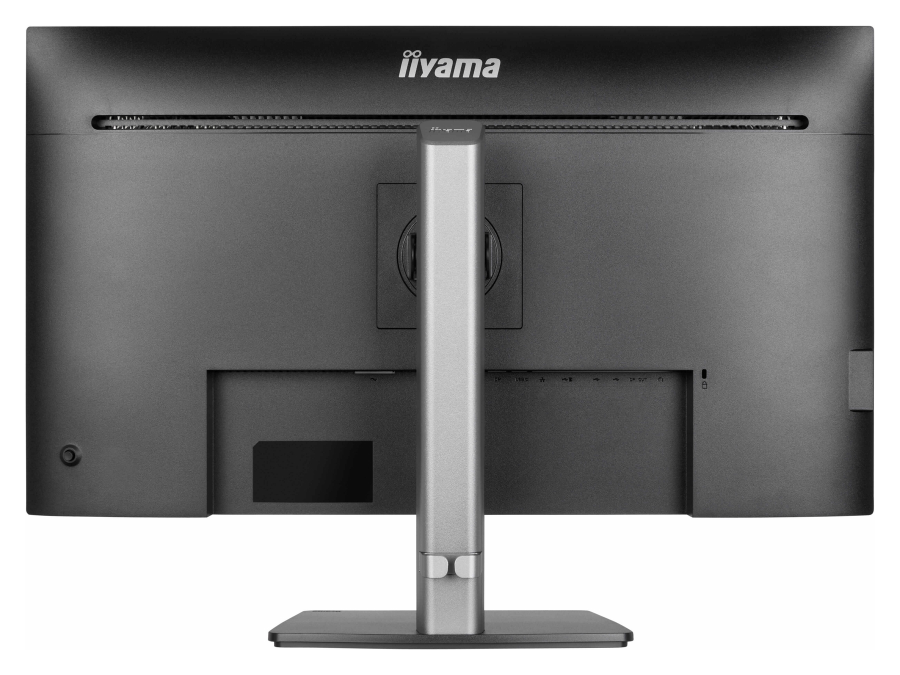 Rückseite eines schwarzen Iiyama Monitors mit silbernem Standfuß und Anschlüssen.