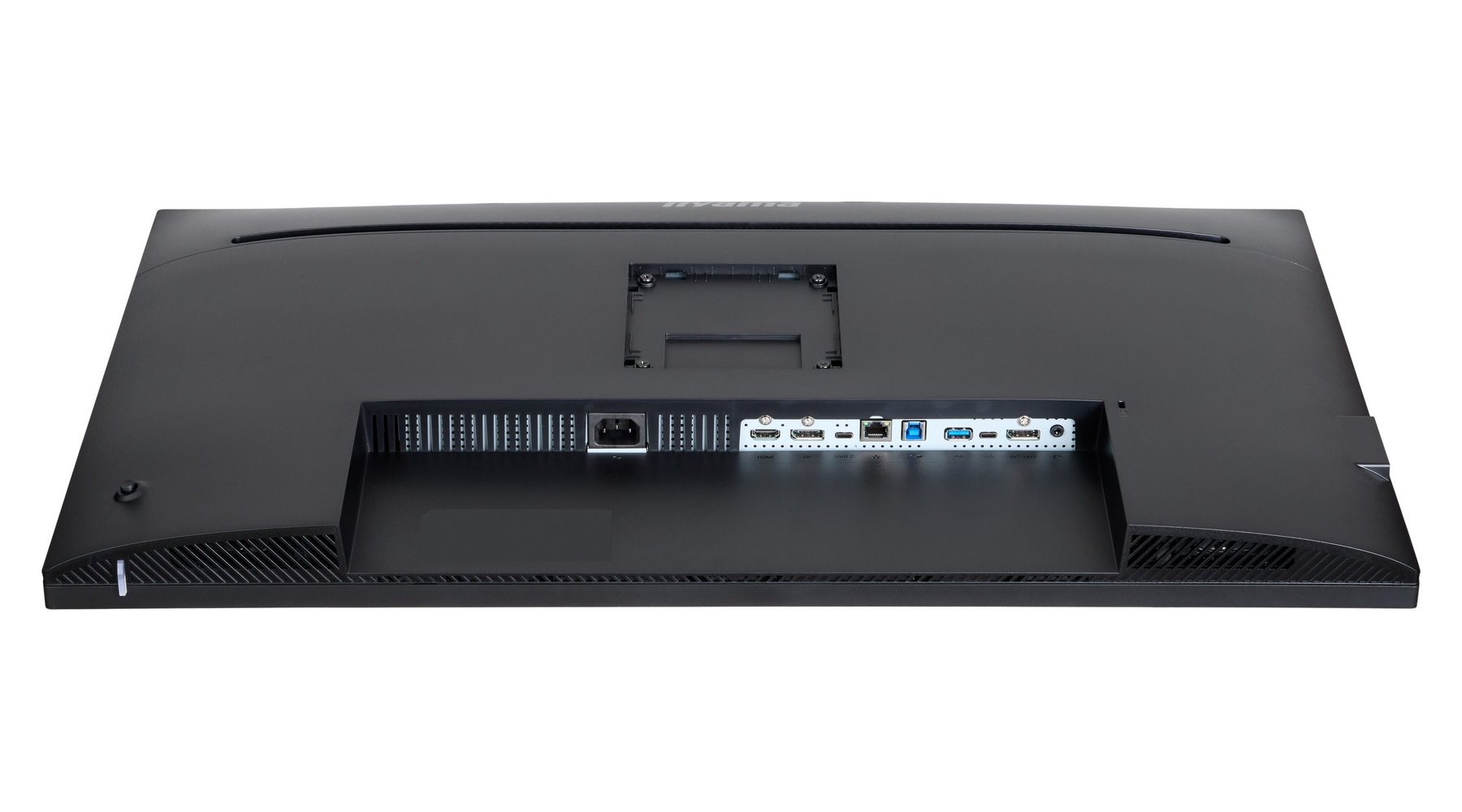 Reverso de monitor negro con puertos: alimentación, HDMI, USB-C, Ethernet, USB-A.