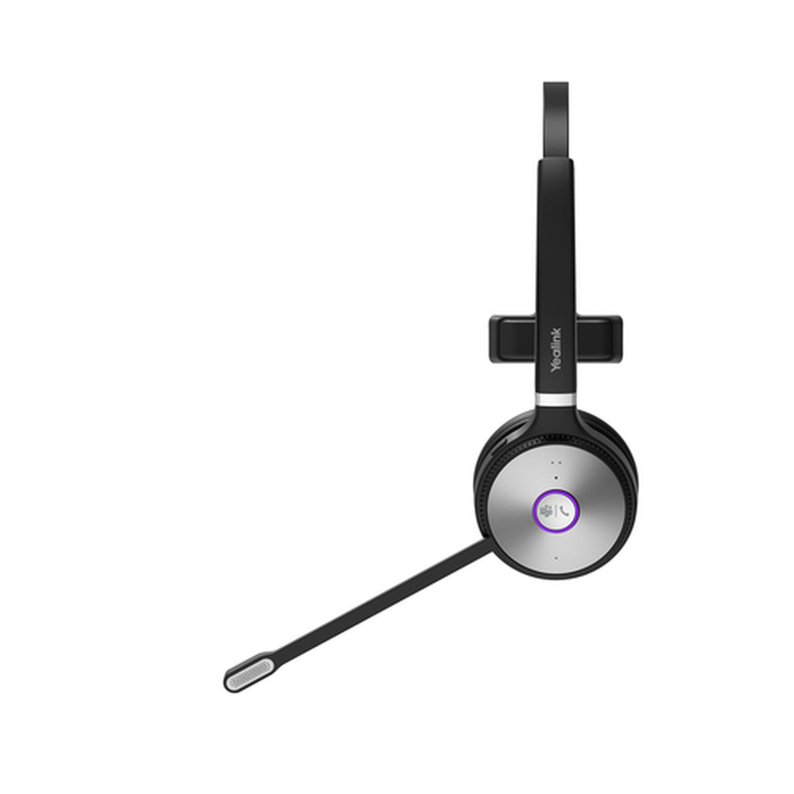 Un auricolare nero con microfono, auricolare circolare e accenti argentati.