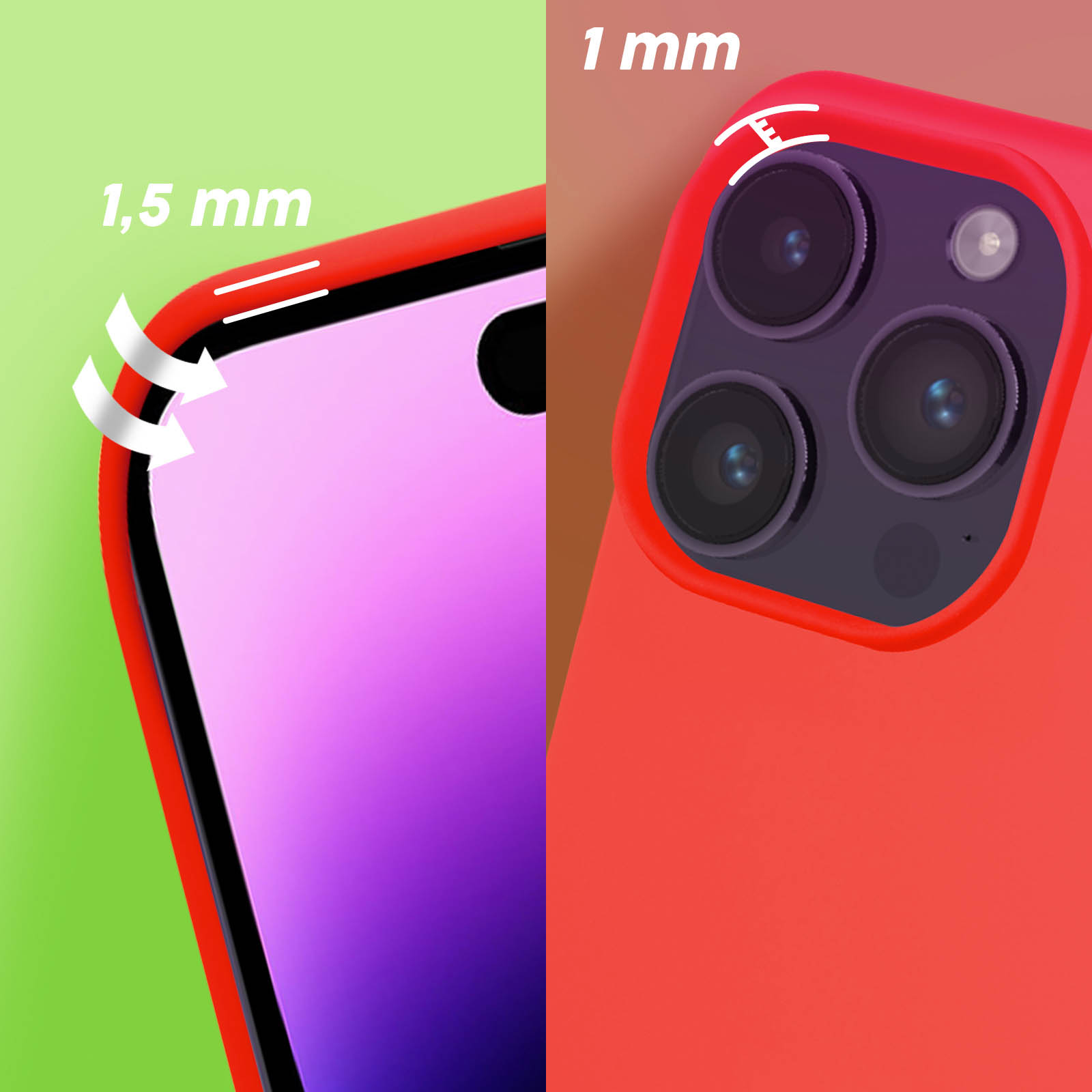 Rode telefoonhoes met camera- en schermrandafmetingen van 1mm en 1,5mm.