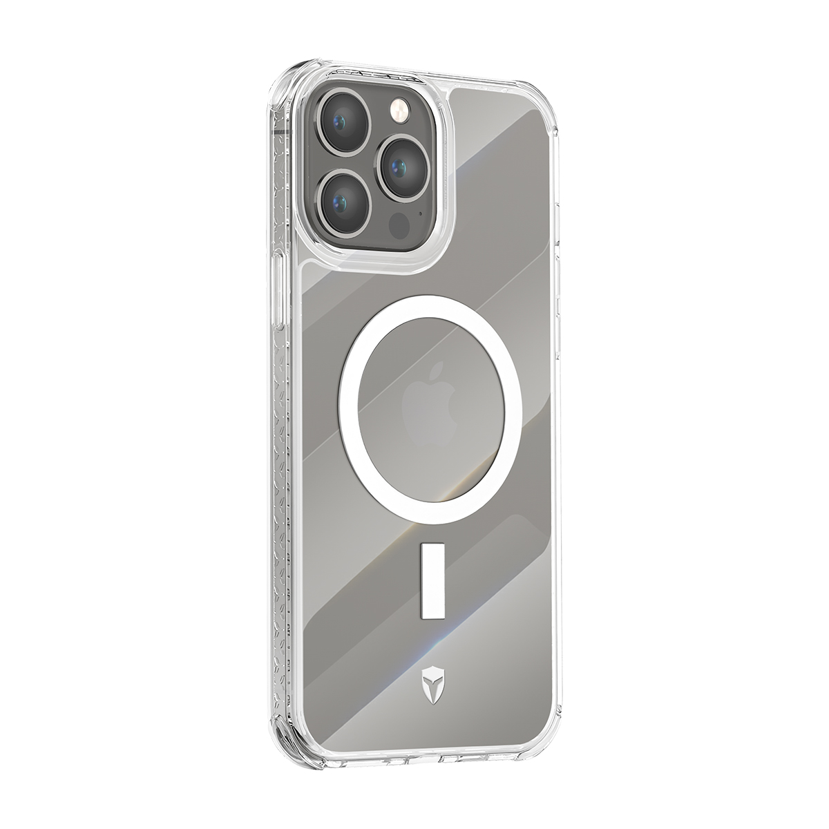 Custodia trasparente per telefono con obiettivi della fotocamera e anello magnetico bianco.
