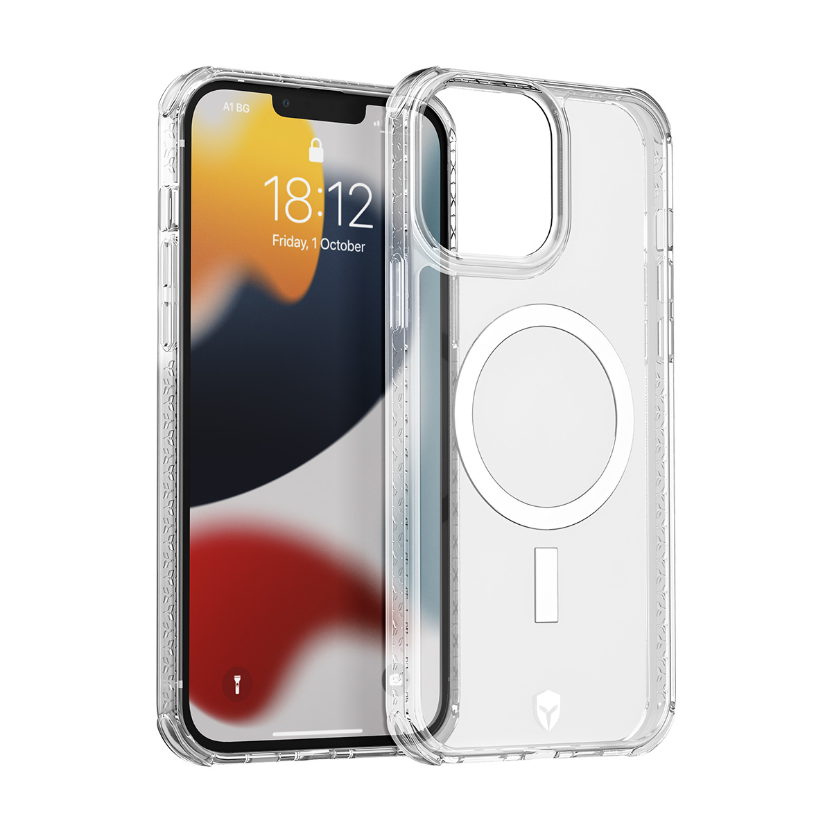 Custodia trasparente per iPhone con anello magnetico, su sfondo bianco.