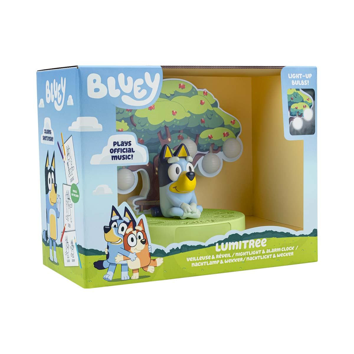 Jeu LumiTree Bluey avec figurines et arbre, joue de la musique et a des ampoules.