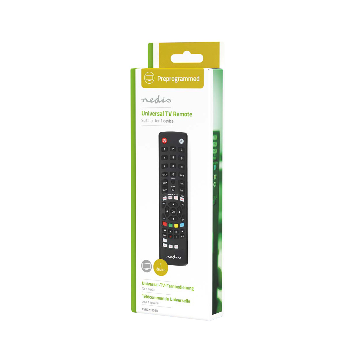 Confezione di un telecomando TV Nedis nero con pulsanti.