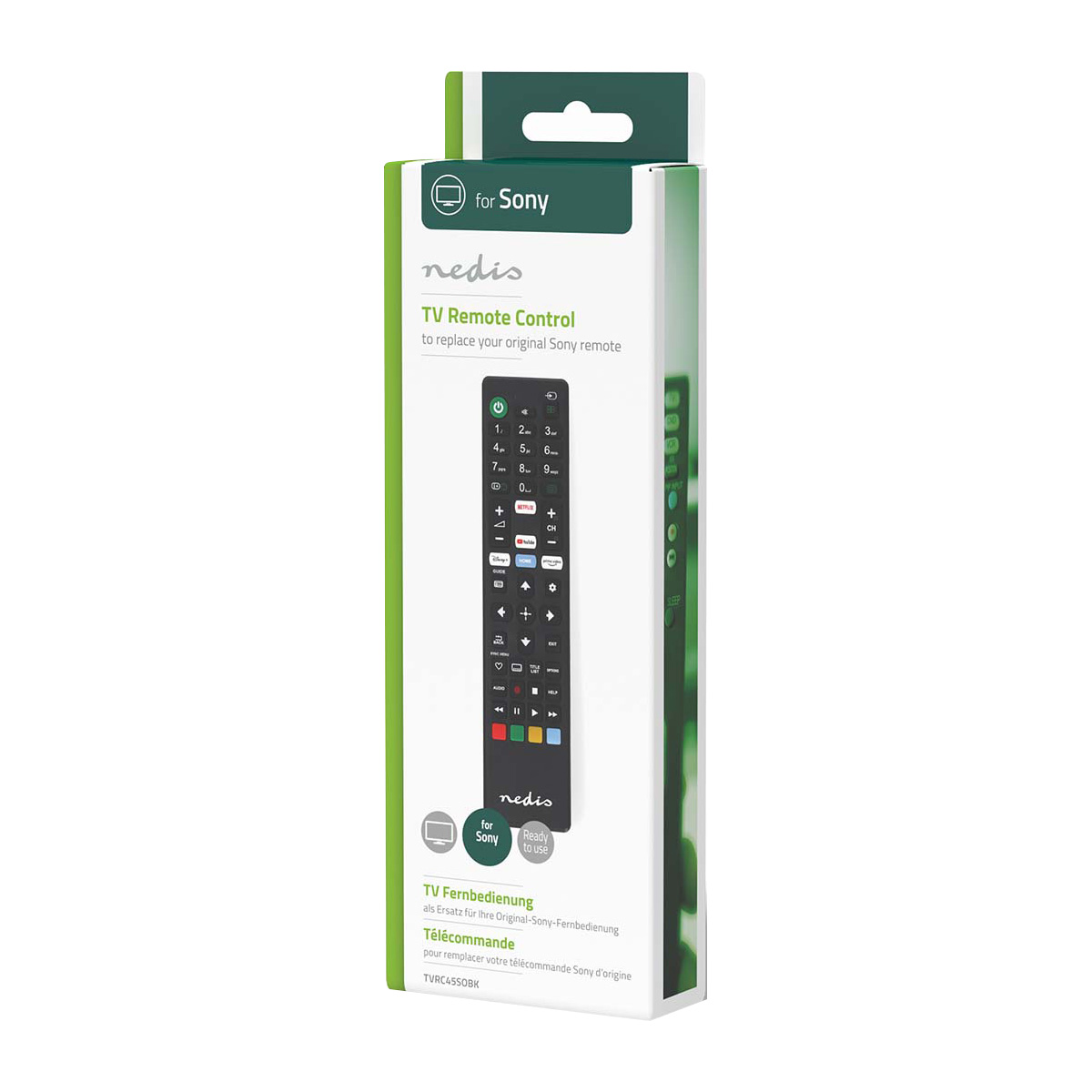 Opakowanie pilota Nedis do telewizora Sony z czarnym modelem pilota.