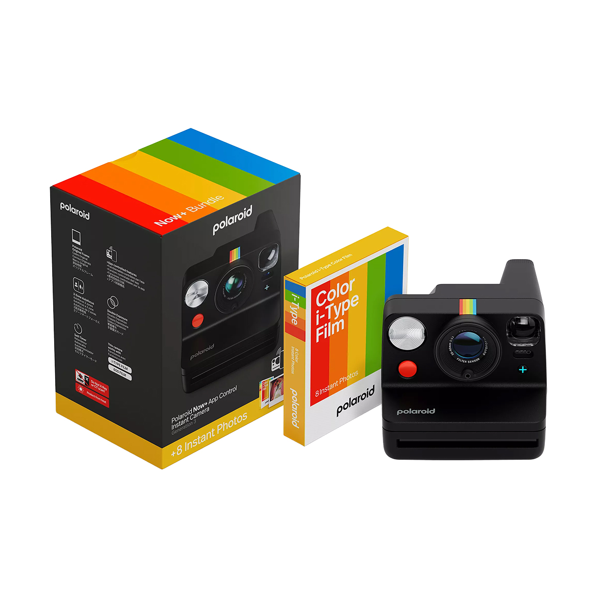 Fotocamera Polaroid, confezione di pellicola e scatola arcobaleno