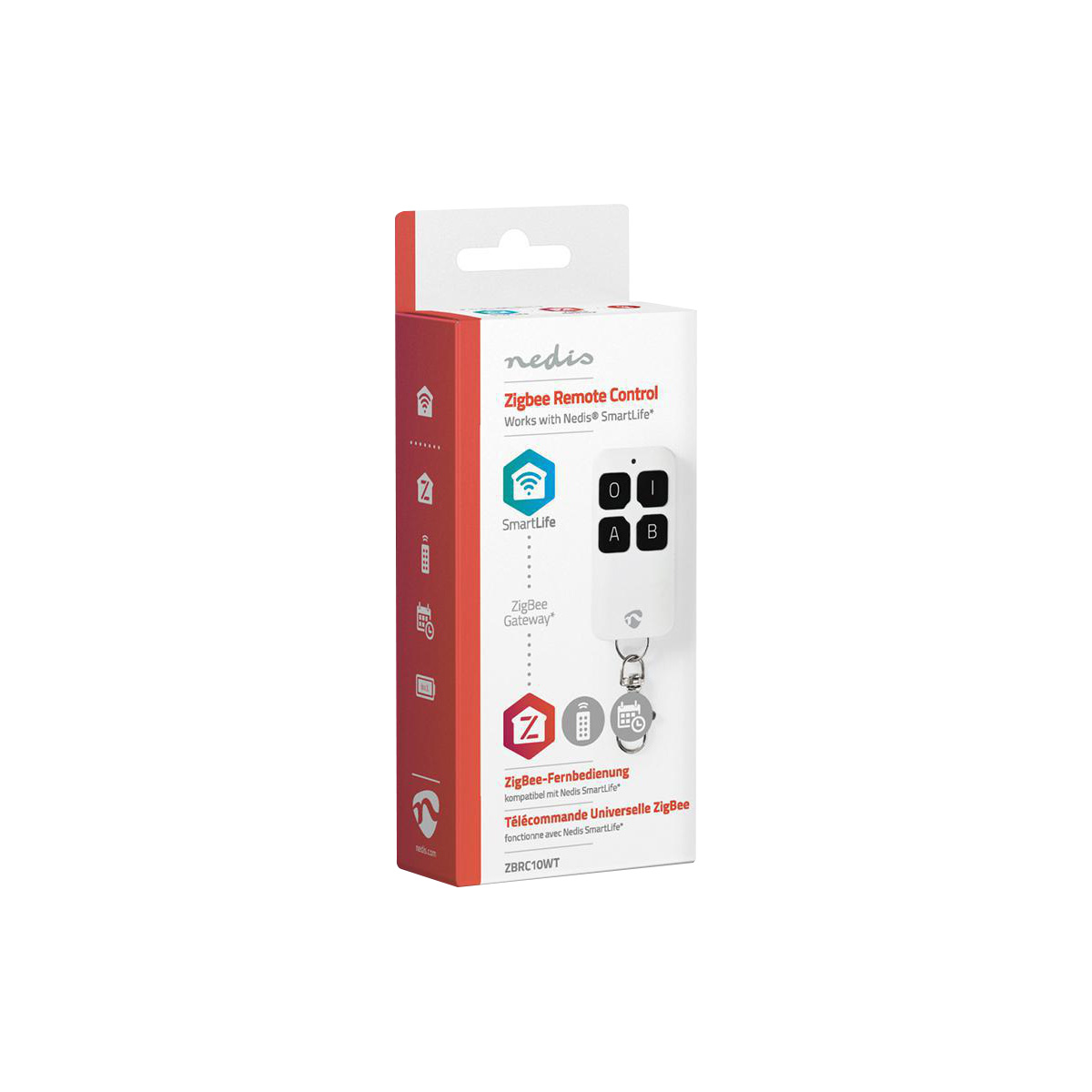 Verpackung einer weißen Zigbee Fernbedienung mit Nedis-Logo und Symbolen.